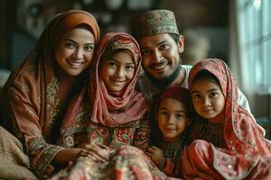 ai gerado retrato do uma feliz ásia muçulmano família dentro tradicional roupas. generativo ai foto