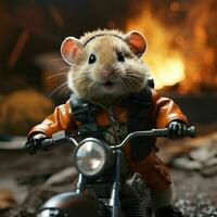 ai gerado fofa pequeno hamster equitação uma motocicleta. generativo ai foto