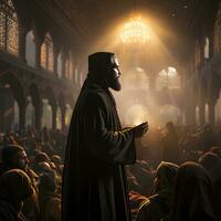 ai gerado islâmico imam condutas uma sermão às a mesquita. muçulmano imam pregação para a pessoas dentro a mesquita. generativo ai foto