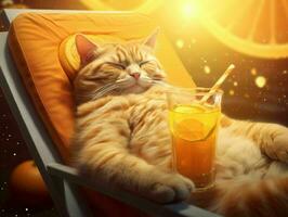 ai gerado laranja gato arrepiante e deitado em uma Sol espreguiçadeira desfrutando laranja suco com luz do sol. generativo ai foto