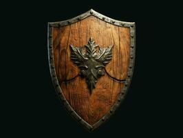 ai gerado medieval de madeira escudo com guerra rasgado marca. generativo ai foto