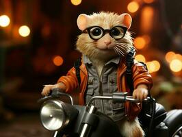 ai gerado fofa pequeno hamster equitação uma motocicleta. generativo ai foto