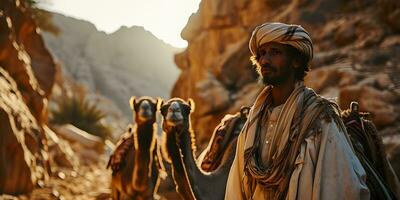 ai gerado meio Oriental homem com dele camelos dentro a deserto às pôr do sol. generativo ai foto