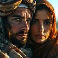 ai gerado retrato do uma meio Oriental muçulmano casal dentro tradicional vestir. generativo ai foto