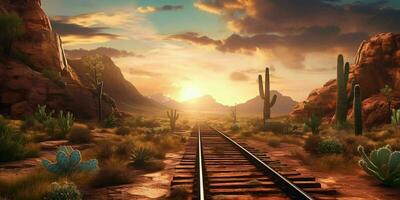 ai gerado oxidado Ferrovia rastrear em ocidental deserto. abandonado trem acompanhar. generativo ai foto