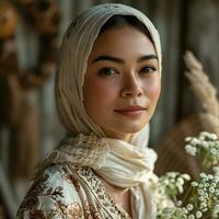 ai gerado retrato do uma lindo e exótico jovem muçulmano mulher com branco hijab. generativo ai foto