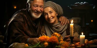 ai gerado feliz e romântico velho muçulmano casal. generativo ai foto