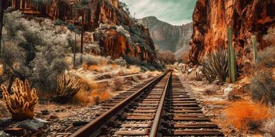 ai gerado oxidado Ferrovia rastrear em ocidental deserto. abandonado trem acompanhar. generativo ai foto