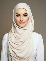 ai gerado retrato do uma jovem mulher vestindo uma hijab, uma beleza produtos modelo com uma branco e limpar \ limpo face, elegantemente posando, estúdio foto, isolado branco fundo foto