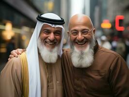 ai gerado retrato do muçulmano imam e cristão sacerdote abraçando cada outro. generativo ai foto