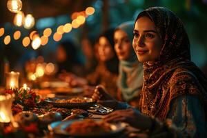 ai gerado árabe muçulmano mulheres reunir juntos durante Ramadã com delicioso pratos em a mesa. iftar jantar. generativo ai foto