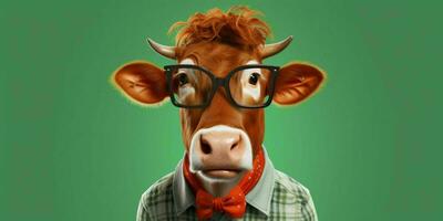 ai gerado retrato do legal e engraçado vaca vestindo óculos dentro estúdio fundo. generativo ai foto