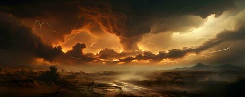 ai gerado tormentoso céu com relâmpago greves dentro a deserto. tempestade de areia panorama. generativo ai foto