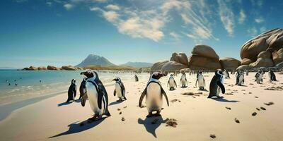 ai gerado pinguim colônia em a de praia com lindo panorama visualizar. generativo ai foto