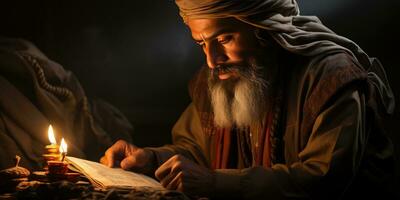 ai gerado a idosos muçulmano homem lê a al Alcorão de luz de velas. generativo ai foto