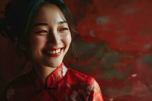 ai gerado sorridente jovem chinês mulher dentro cheongsam com cópia de espaço foto