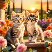 ai gerado a gatinhos dentro uma jardim cheio do flores, Leonardo David estilo, colocar grande quantidade do detalhes dentro a fundo com a pôr do sol foto