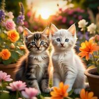 ai gerado a gatinhos dentro uma jardim cheio do flores, Leonardo David estilo, colocar grande quantidade do detalhes dentro a fundo com a pôr do sol foto