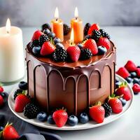 ai gerado decadente chocolate bolo com fresco bagas e luz de velas celebração foto