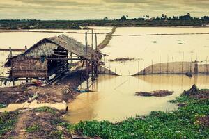 casas em palafitas em a flutuando Vila do Kampong phluk, Tonle seiva lago, siem colher província, Camboja foto
