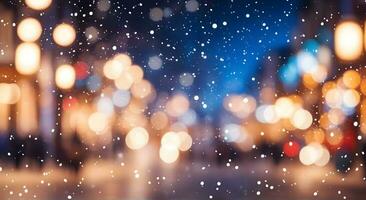 ai gerado borrado bokeh luzes e queda neve durante inverno noite foto