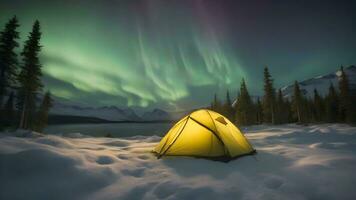 ai gerado aurora sobre coberto de neve montanha panorama debaixo estrelado noite céu foto