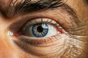 ai gerado macro tiro do masculino humano azul olho. foto