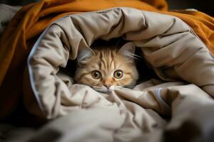 ai gerado fechar-se do fofa laranja gato face dentro cobertor em cama. foto
