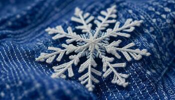 ai gerado floco de neve em topo do azul suéter foto