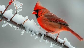 ai gerado vermelho pássaro sentado em gelo coberto ramo foto