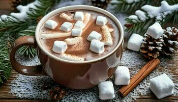 ai gerado quente chocolate copo com marshmallow foto