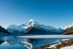 ai gerado neve limitado montanha com reflexão dentro lago foto