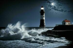 ai gerado farol dentro noite céu com ondas falhando foto