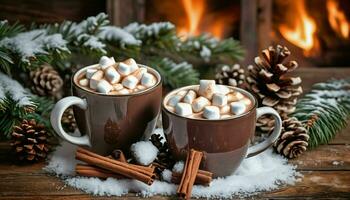 ai gerado quente chocolate com marshmallows e canela Gravetos em de madeira mesa foto