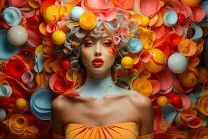 ai gerado uma menina com branco Maquiagem e laranja balões em dela cabeça, e laranja cabelo. foto