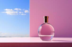 ai gerado perfume garrafa em Rosa e azul fundo com espaço para texto. foto