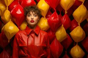 ai gerado retrato do uma jovem atraente menina dentro uma vermelho Jaqueta contra uma fundo do plástico bolsas. foto
