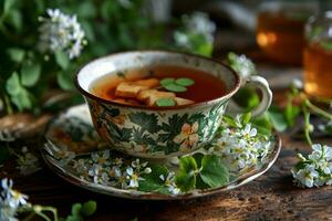 ai gerado refrescante copo do moringa ervas chá com lindo flores criada com generativo ai tecnologia foto