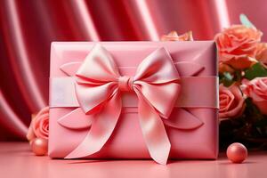 ai gerado uma belas embalado Rosa presente caixa decorado com uma arco em uma suave Rosa fundo. foto