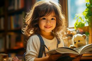 ai gerado a ásia feliz criança é sentado às escola lição foto