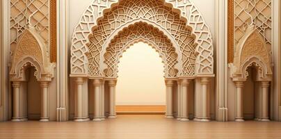 ai gerado elegante grande mesquita porta arco interior foto