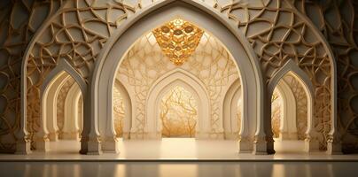 ai gerado elegante grande mesquita porta arco interior foto