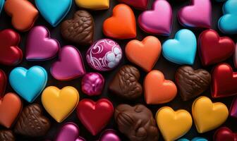 ai gerado colorida coração em forma doces para dia dos namorados dia fundo. chocolate doces dentro a Formato do corações em uma Preto fundo foto