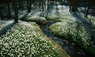 ai gerado floresta coberto com snowdrops. cedo Primavera panorama foto