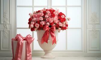 ai gerado ramalhete do lindo rosas dentro vaso em branco de madeira mesa foto