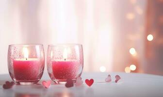 ai gerado romântico velas em mesa dentro quarto decorado com flores, fechar-se foto