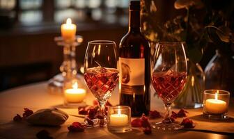 ai gerado romântico jantar com dois óculos do vermelho vinho em de madeira mesa decorado com corações e velas foto