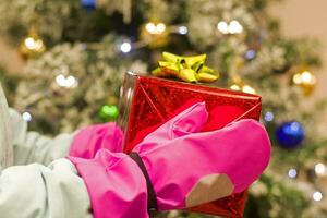 menina bebê detém dentro Rosa luvas vermelho Natal caixa antes Natal árvore foto