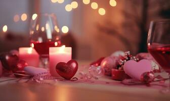 ai gerado romântico jantar com vinho, velas e corações em bokeh fundo foto