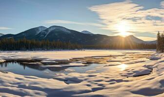 ai gerado pôr do sol sobre a congeladas lago. rochoso montanhas. foto